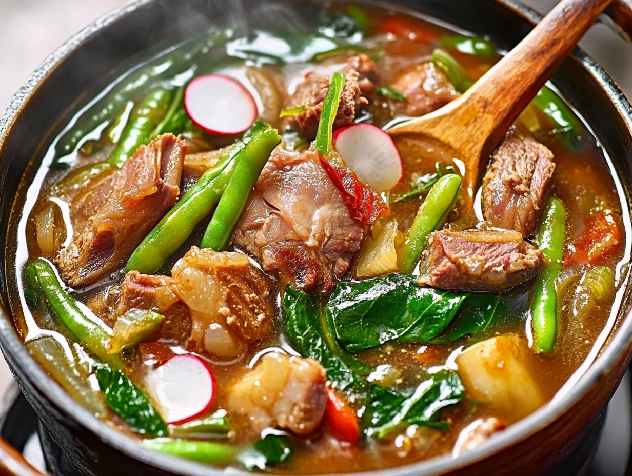 A pot of Filipino Sinigang soup with pork, green vegetables, radish, eggplant, and a ladle in a savory, tamarind-based broth.