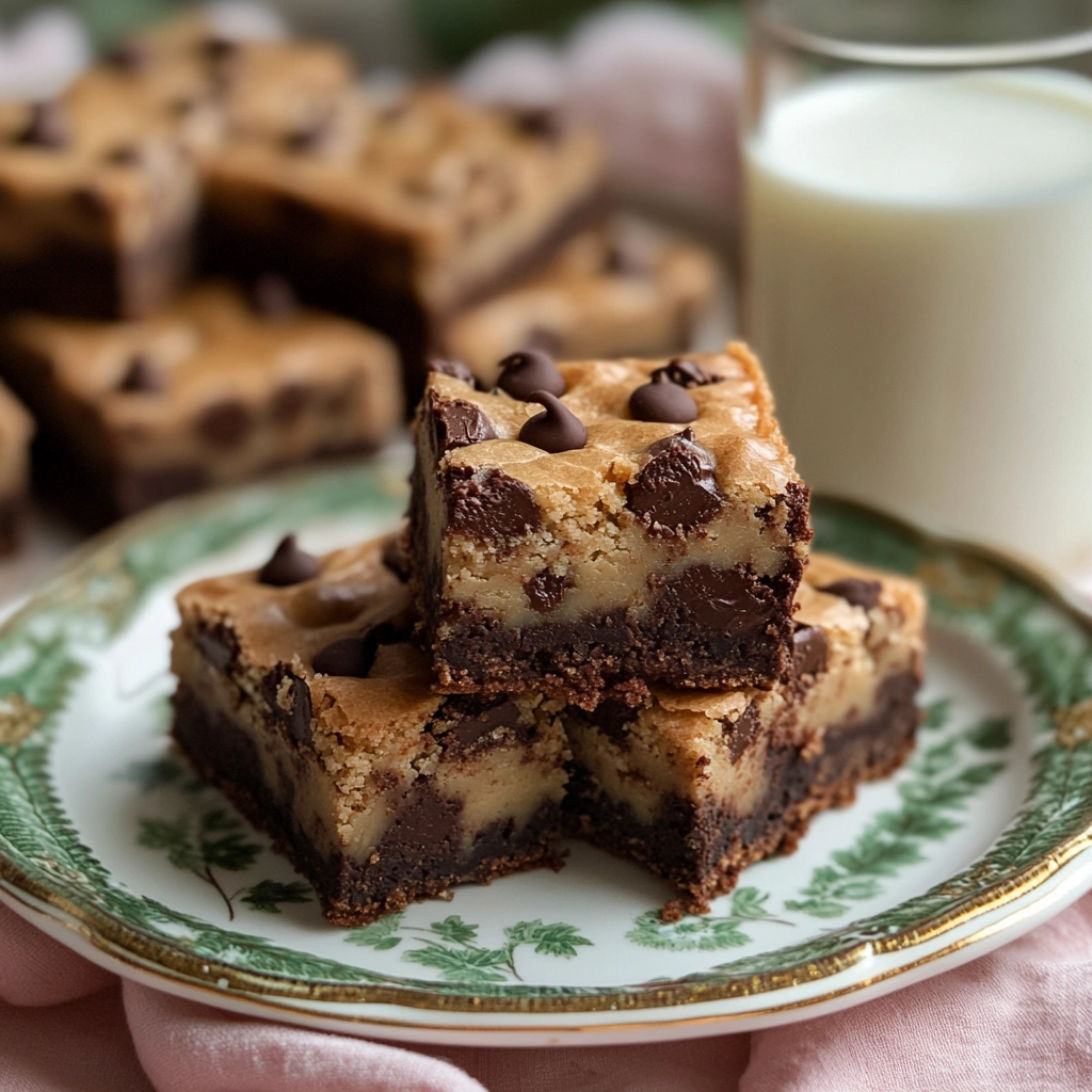 Close-up of brookie bars with melted chocolate chips on a vintage plate.