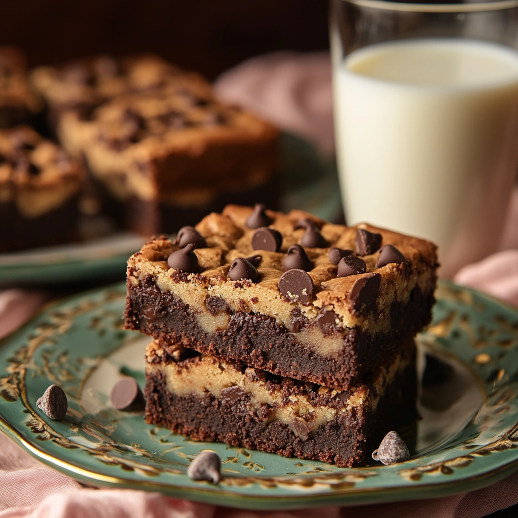 Brookie squares with layers of brownie and cookie dough on a decorative dish.