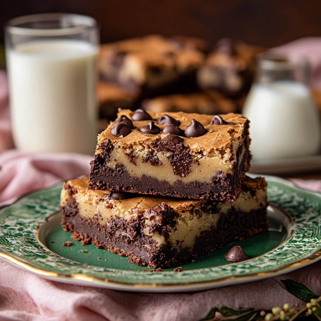 Brookie bars on a patterned plate with a glass of milk, surrounded by a pink cloth.
