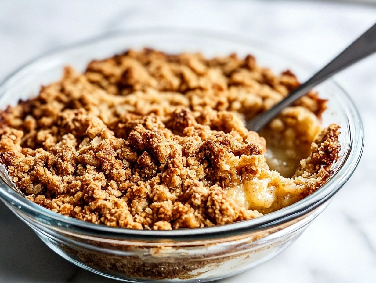 Close-up of a bowl containing freshly made dessert crumble on a marble countertop.