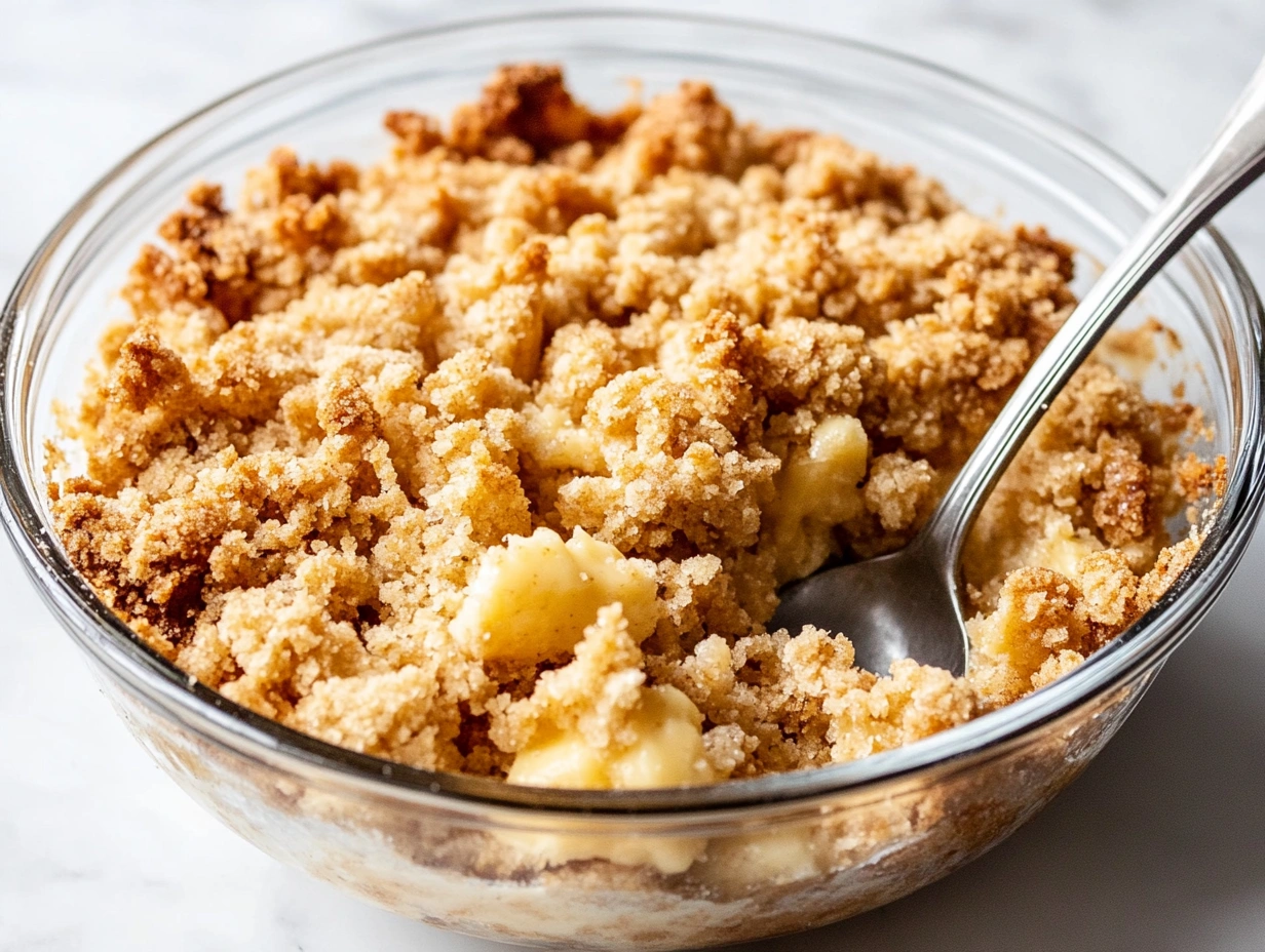 A glass bowl filled with crumbly, golden-brown crumble topping with a spoon inside.