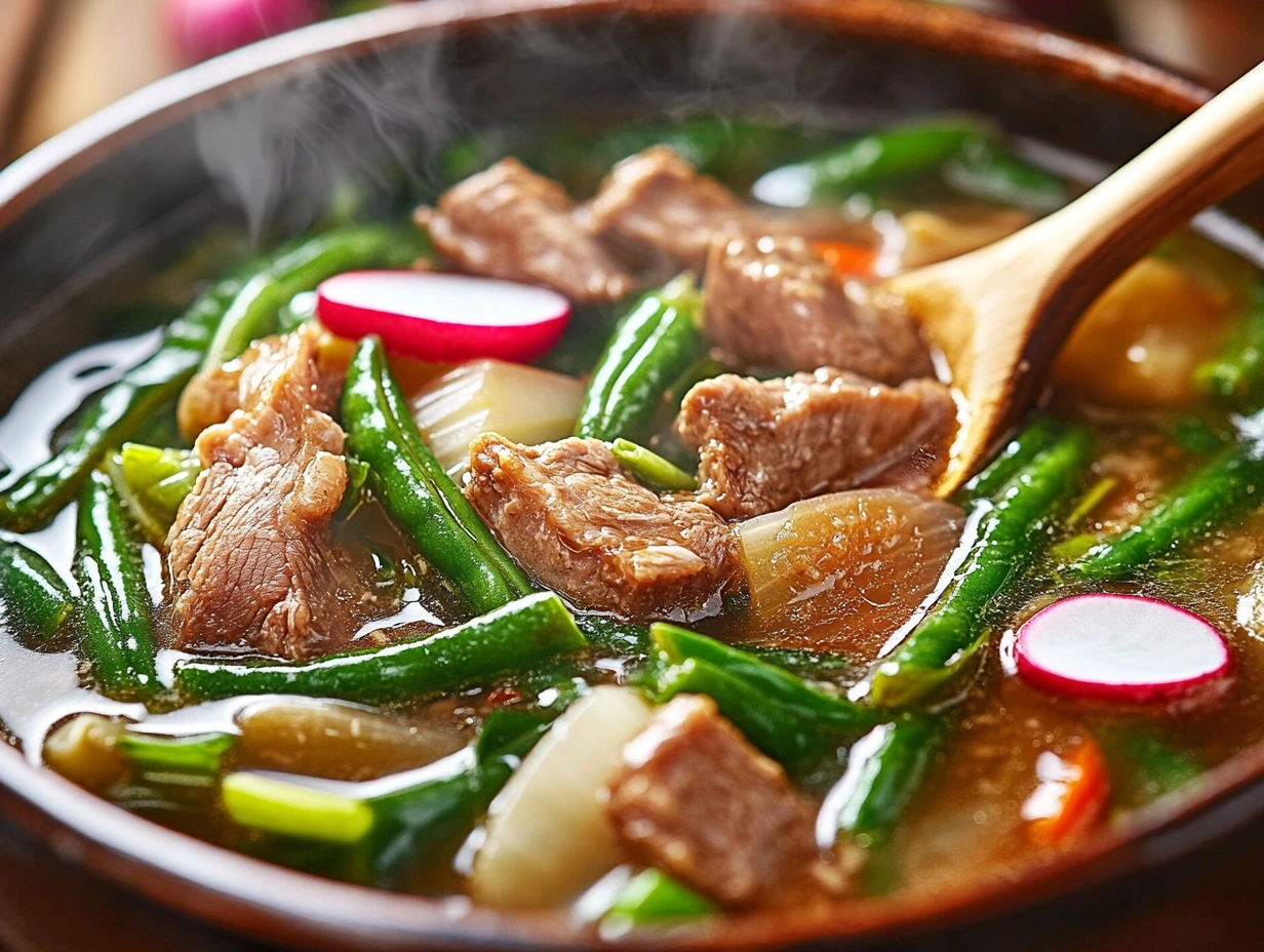 A close-up of a steaming bowl of Filipino sinigang with pork chunks, green beans, radishes, leafy greens, and a rich broth, with a wooden spoon stirring the soup.