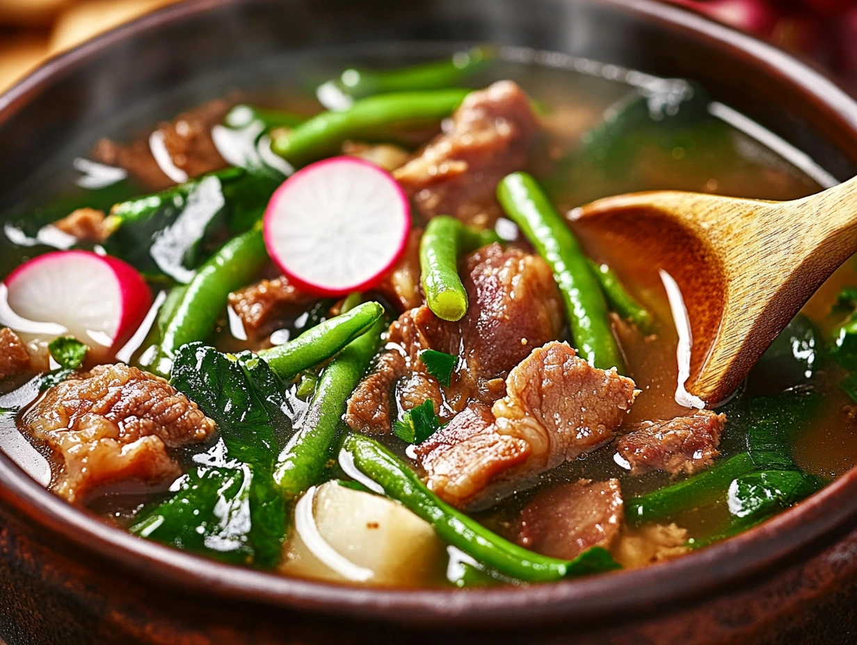 Top-down view of a bowl of pork sinigang, filled with green beans, radishes, leafy greens, and a wooden spoon, all in a tangy, steaming broth.