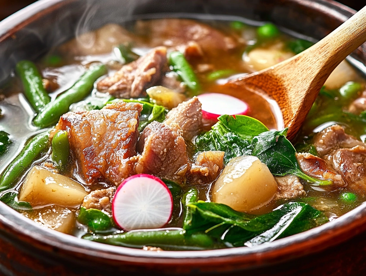 Rustic bowl of Filipino sinigang soup with pork, green beans, and radishes, featuring a steaming broth and a wooden spoon resting on the side.