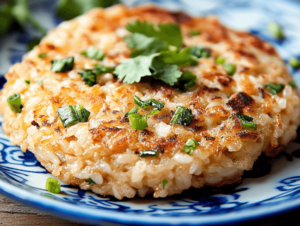 Golden-brown rice cakes sprinkled with parsley and green onions on a traditional ceramic plate.