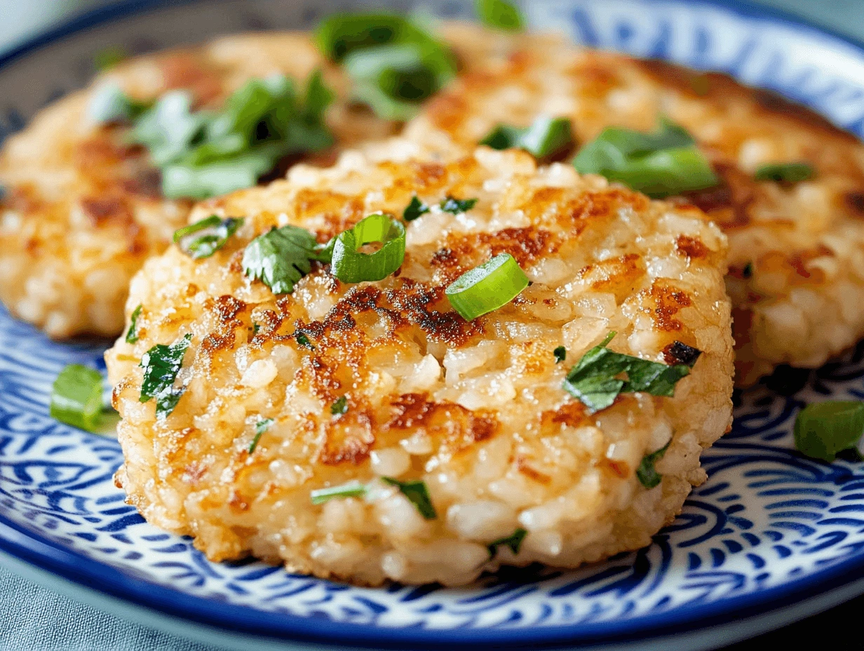 Rice cakes with a golden crust and herb toppings on a patterned blue plate.