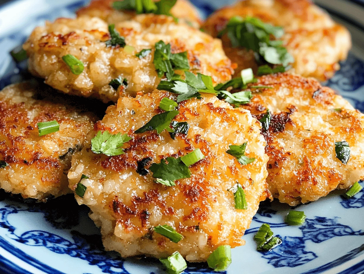 Golden crispy rice cakes topped with chopped green herbs, served on an ornate blue and white ceramic plate.