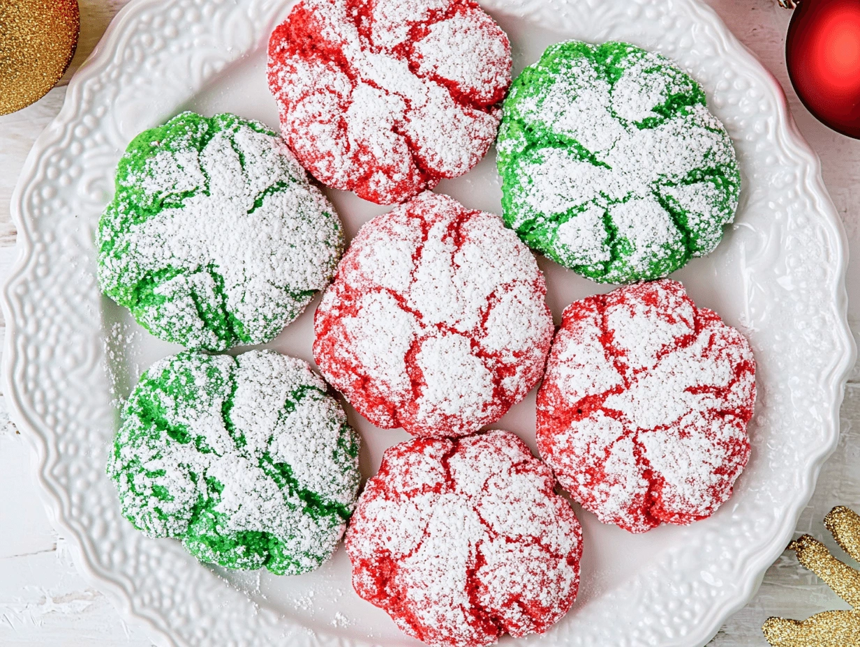 Why did my Cool Whip cookies turn out flat? Vibrant holiday cookies in red and green, dusted with powdered sugar, on a white plate surrounded by Christmas ornaments.