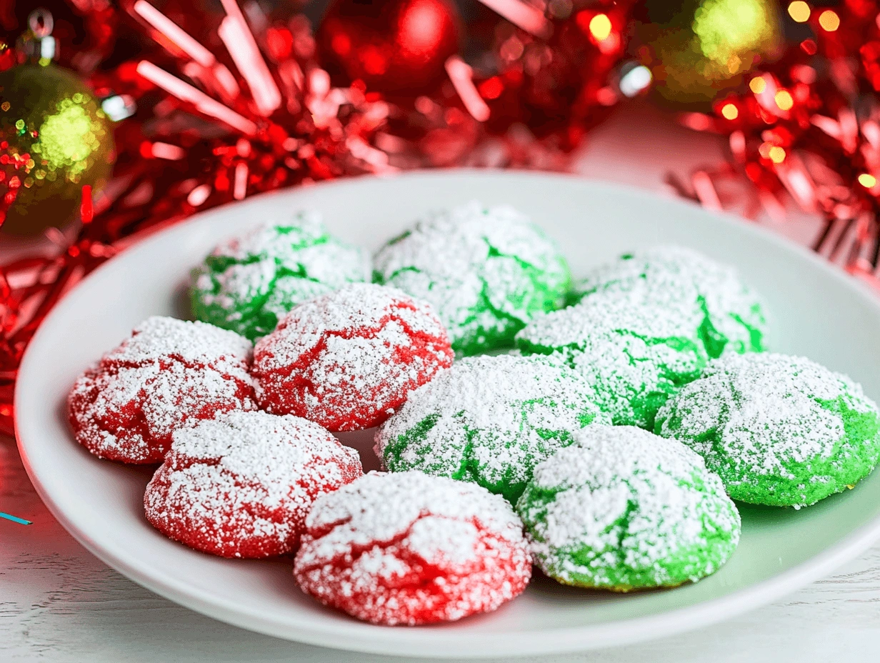 Why did my Cool Whip cookies turn out flat? A display of red and green powdered sugar cookies, perfect for festive gatherings, with shimmering decorations.