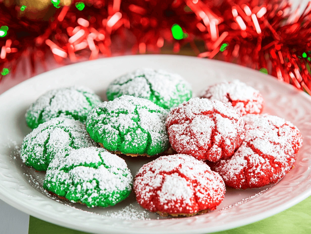 Why did my Cool Whip cookies turn out flat? Festive red and green cookies, coated with powdered sugar, arranged on a white plate with holiday decorations.