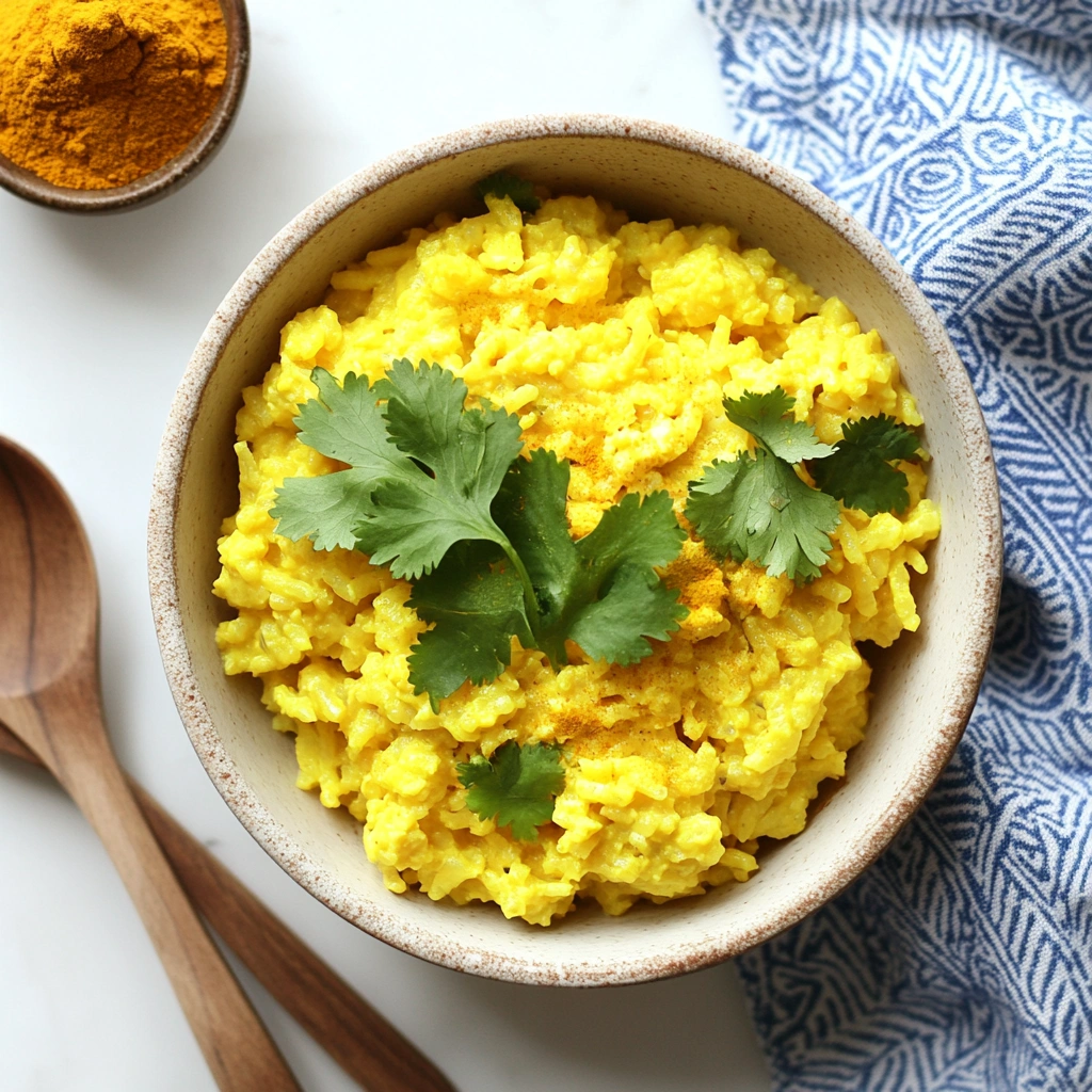 A bowl of vibrant yellow rice garnished with fresh cilantro, served with a wooden spoon and a bowl of turmeric powder in the background.