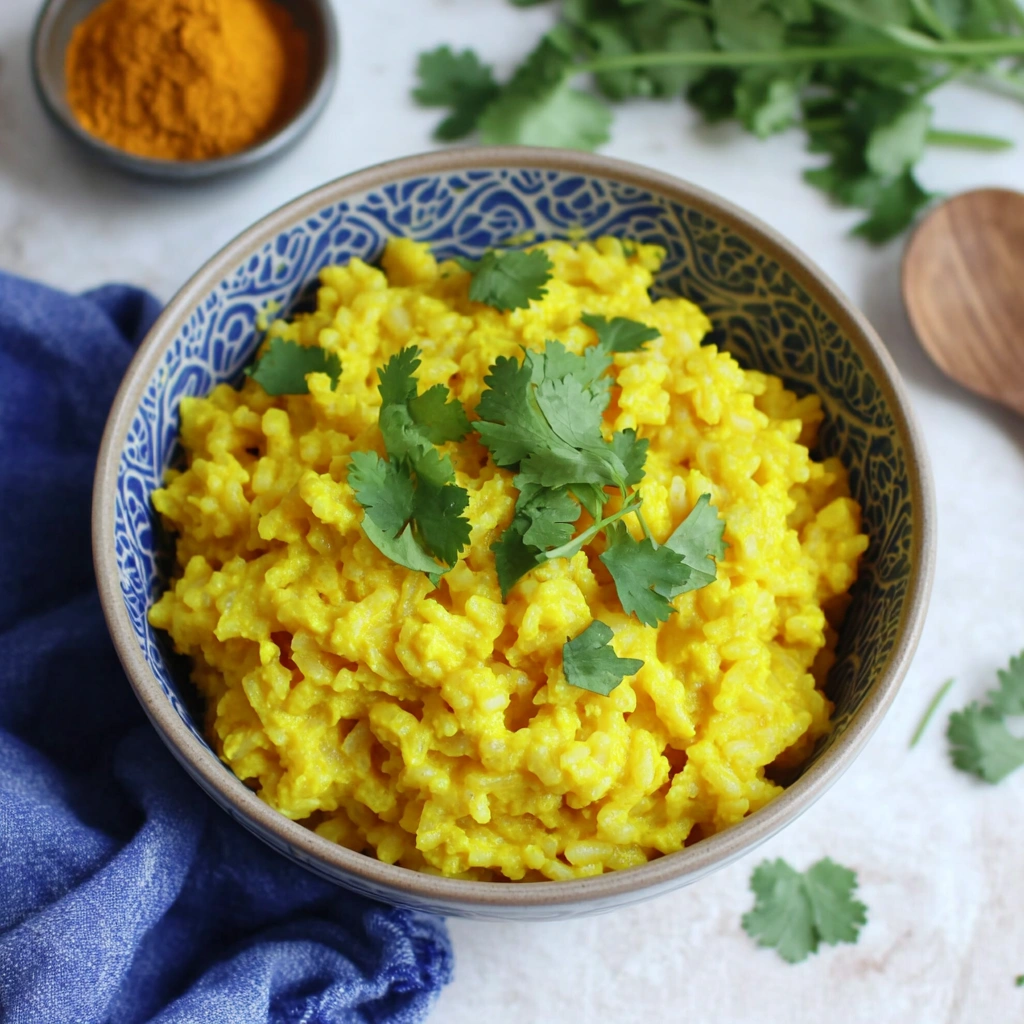 Bright yellow rice with cilantro garnish in a decorative bowl, placed on a blue-patterned cloth with a wooden spoon nearby.