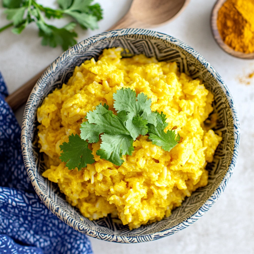 A bowl of fluffy yellow rice garnished with cilantro, served with a wooden spoon and a bowl of turmeric powder in the background.