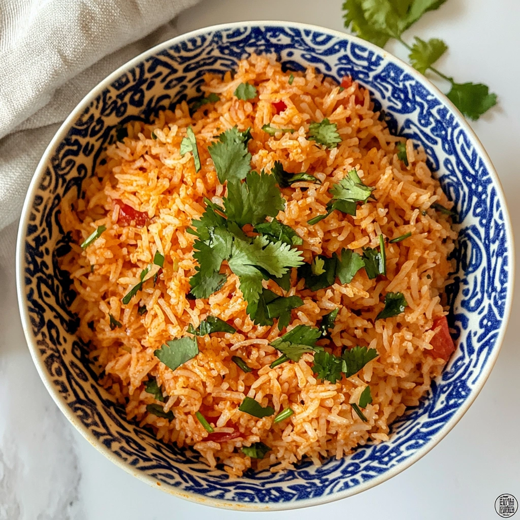 Bright yellow rice topped with cilantro in a decorative bowl, viewed from above, set on a marble surface with a cloth napkin in the background.
