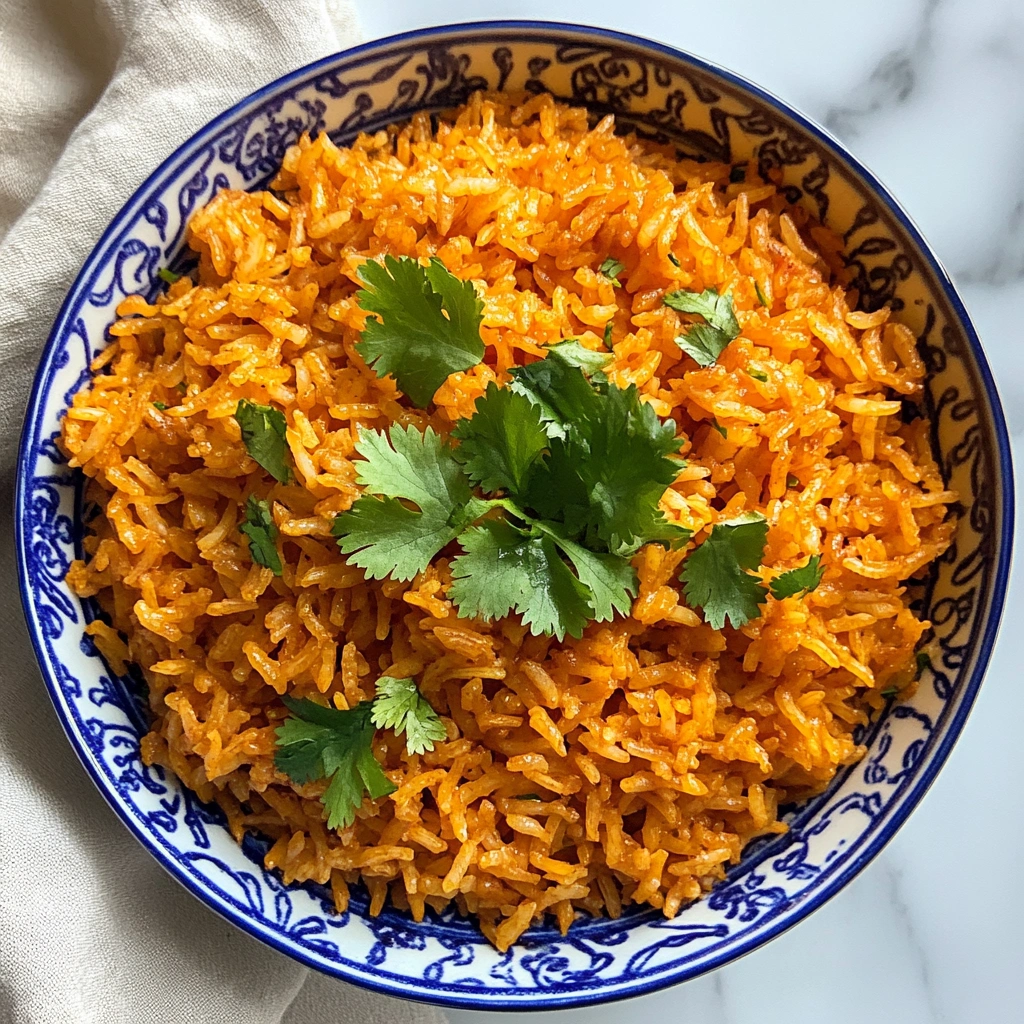 A top-down view of a bowl of fluffy yellow rice garnished with chopped cilantro, served in a blue-and-white patterned bowl on a white marble countertop.