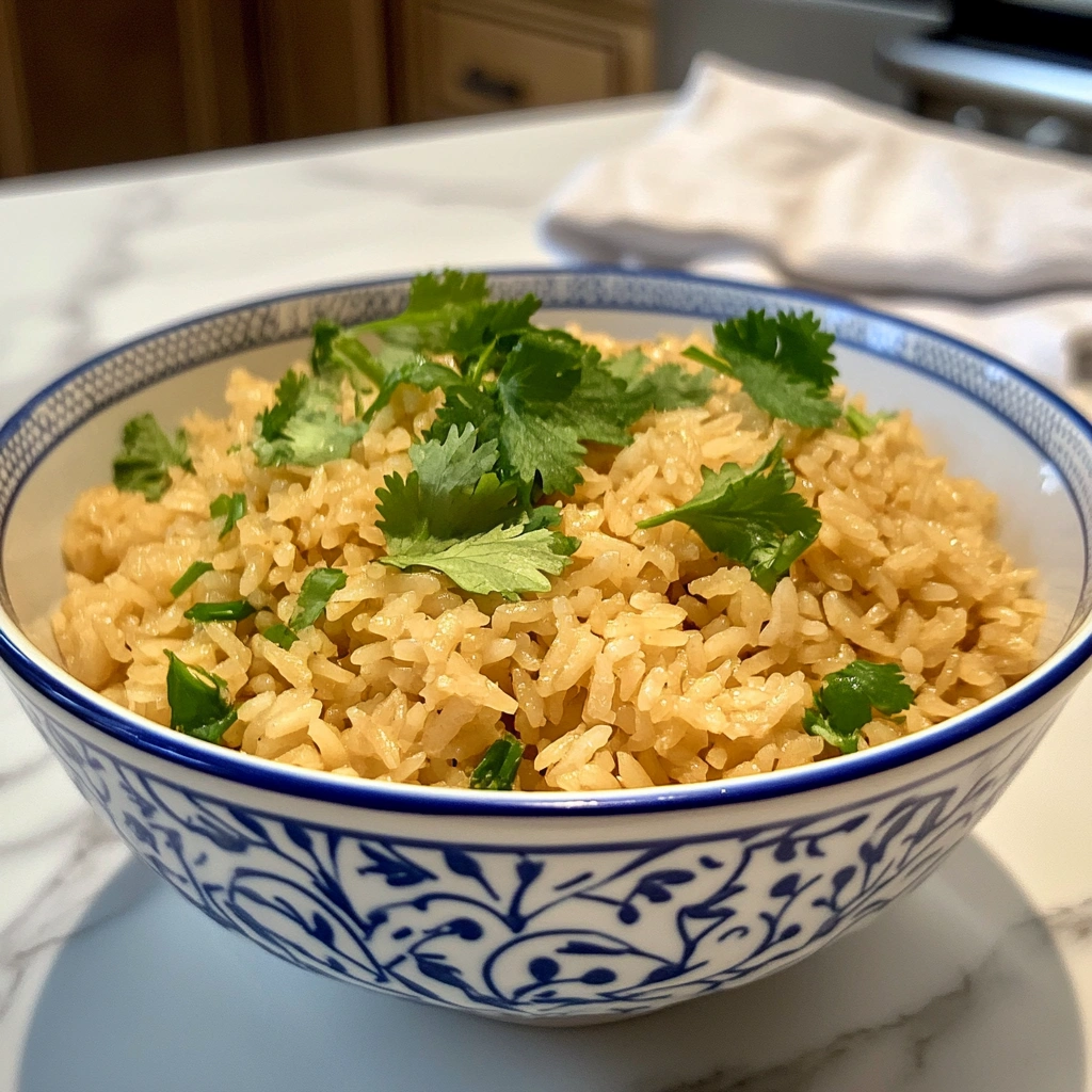 Overhead shot of vibrant yellow rice with cilantro garnish in a patterned bowl, placed on a white marble countertop.