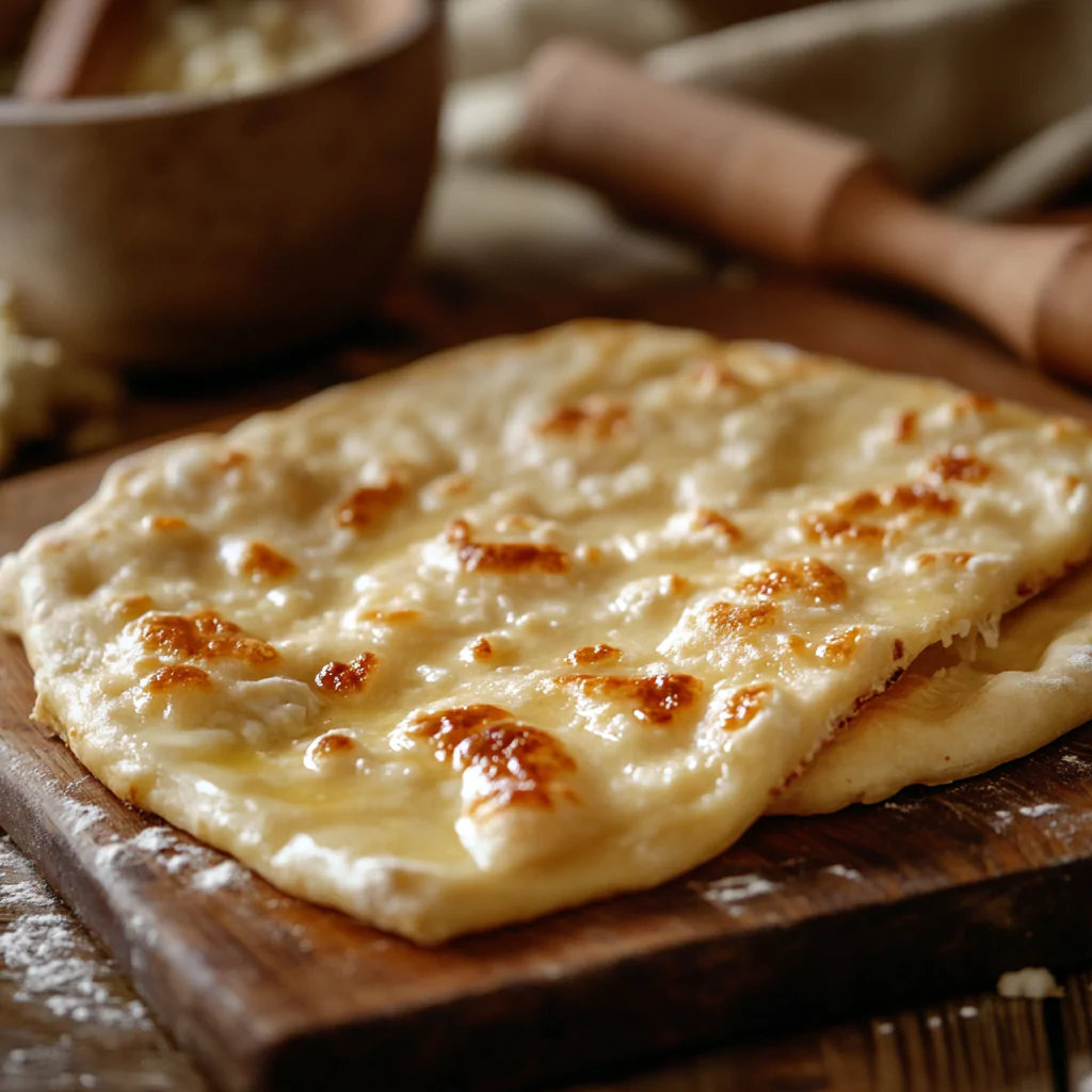"Homemade cottage cheese flatbread resting on a wooden cutting board, with droplets of moisture highlighting its soggy appearance, surrounded by baking ingredients.