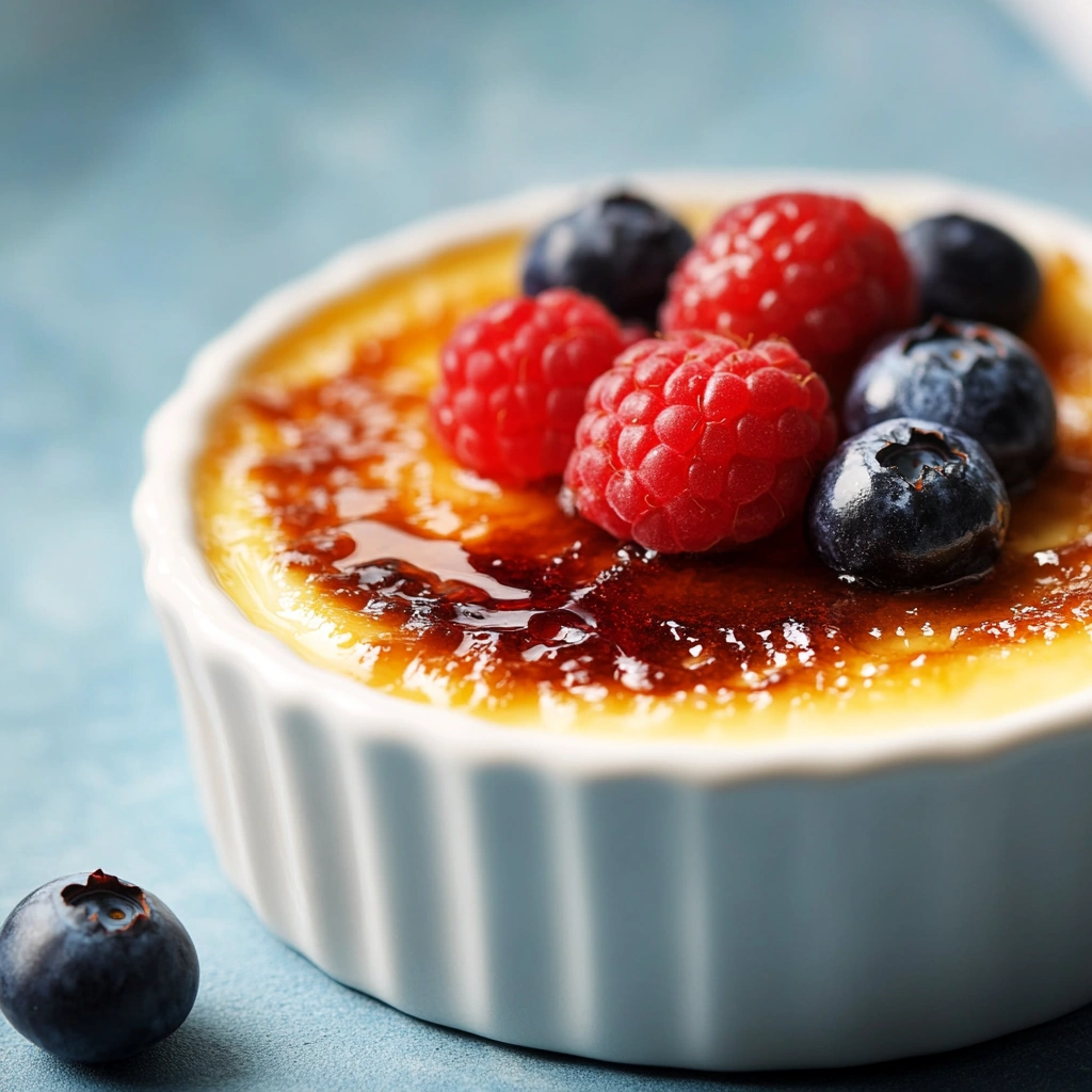 Golden crème brûlée topped with blueberries and a raspberry on a blue surface.