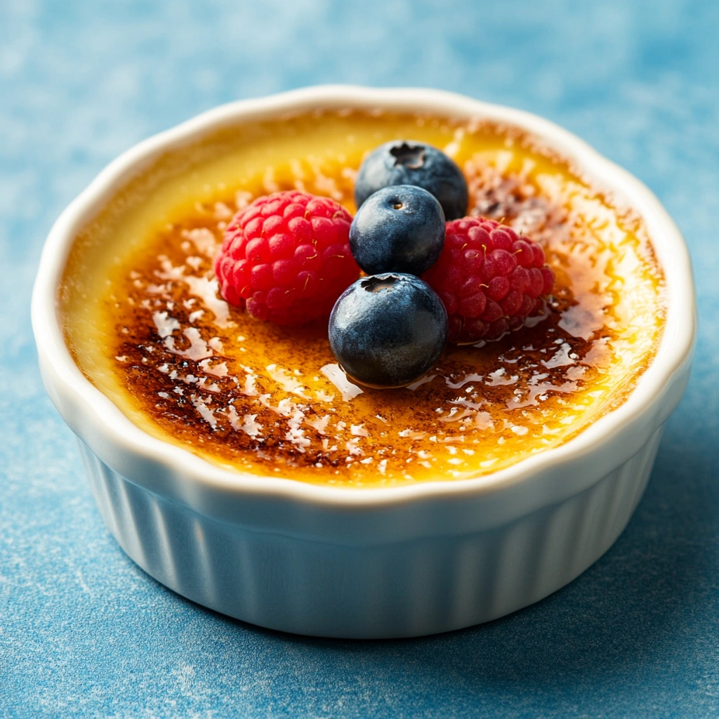 Close-up of crème brûlée with a caramelized crust and berry garnish in a ramekin.