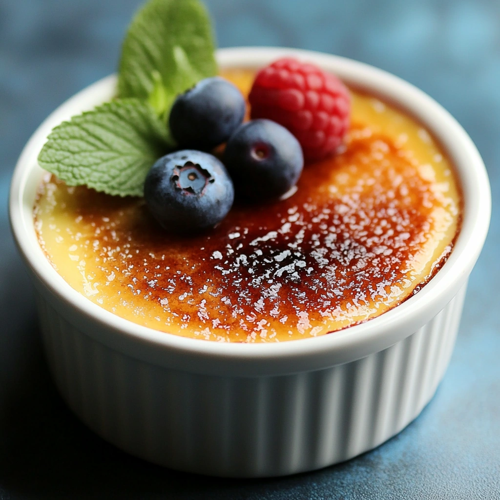 Crème brûlée with caramelized top and fresh berries in a white ramekin.