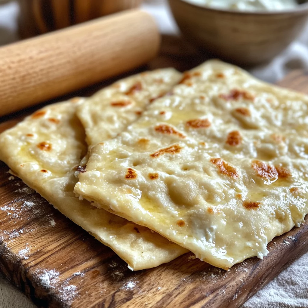 A close-up of cottage cheese flatbread with a visibly moist and soggy surface, placed on a plate in a cozy kitchen setting, emphasizing its texture.