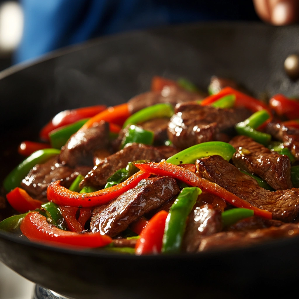 Pepper steak stir-fry with beef, red bell peppers, green bell peppers, and a savory sauce.