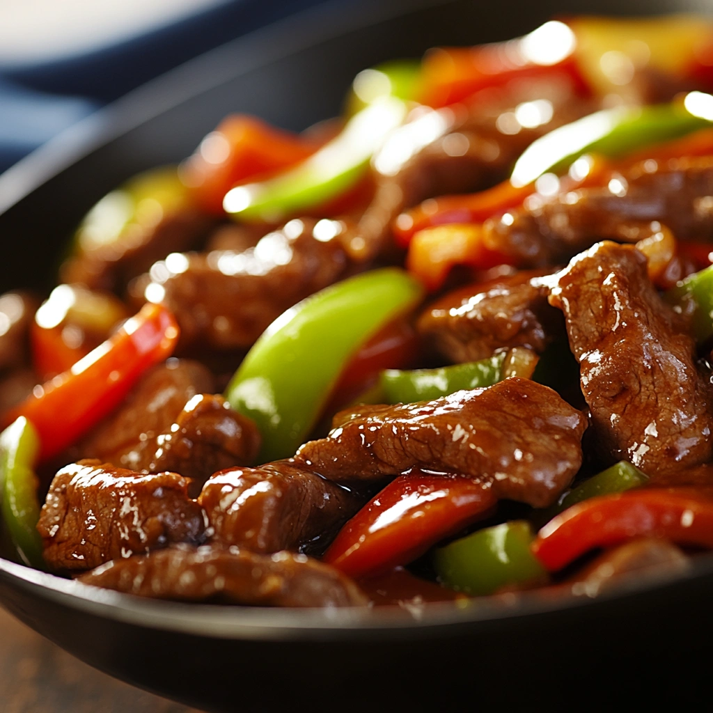 Pepper steak with beef, red bell peppers, green bell peppers, and a thick sauce in a skillet.