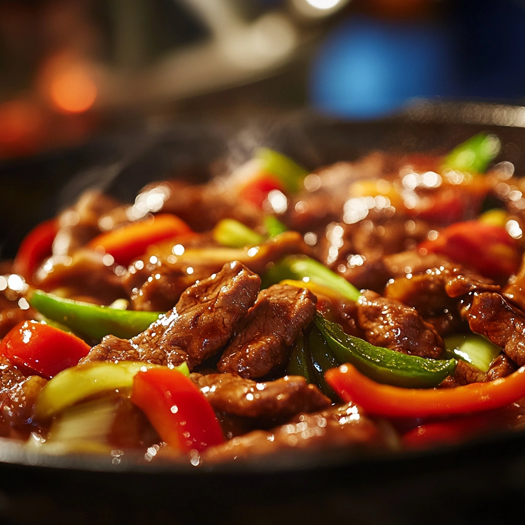 Stir-fried beef and bell peppers coated in a glossy sauce, served in a black skillet.