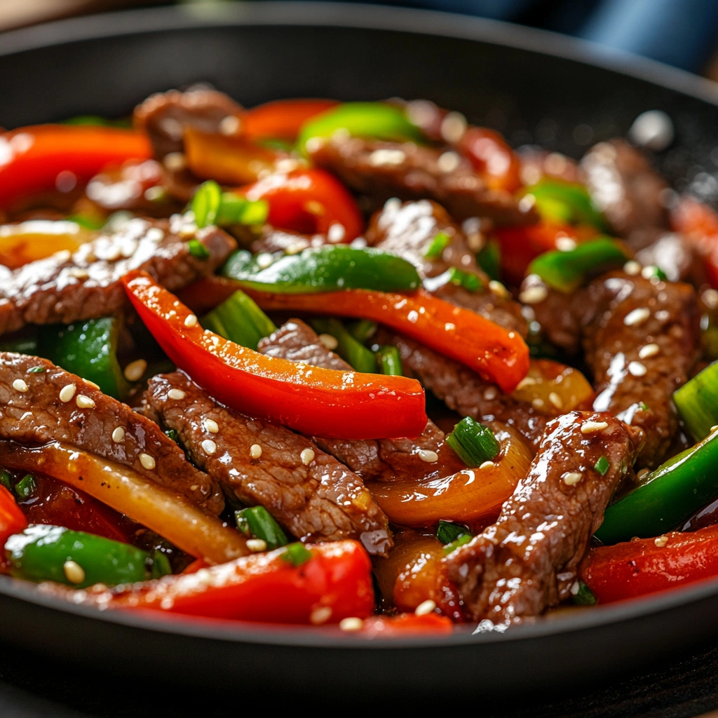 Close-up of pepper steak stir-fry with beef strips, red and green bell peppers, and a glossy soy-based sauce.