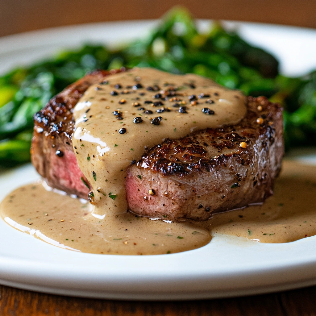 Seared steak topped with creamy peppercorn sauce, served with sautéed greens on a white plate.