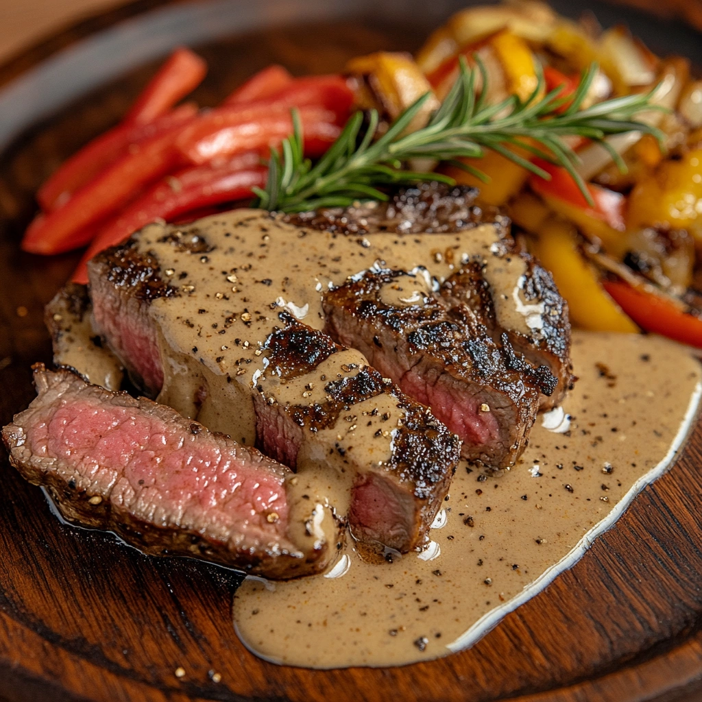 Medium-rare steak with pepper sauce drizzling down, accompanied by leafy greens.