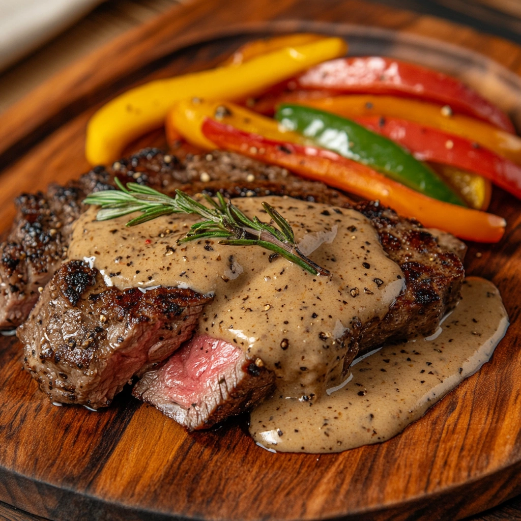 Juicy steak with rich pepper sauce, garnished with greens on a rustic table.