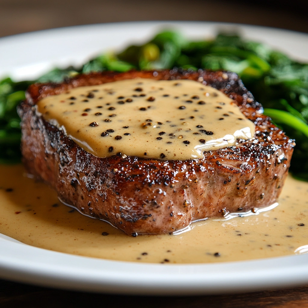 Close-up of peppercorn-crusted steak with creamy sauce on a white plate.