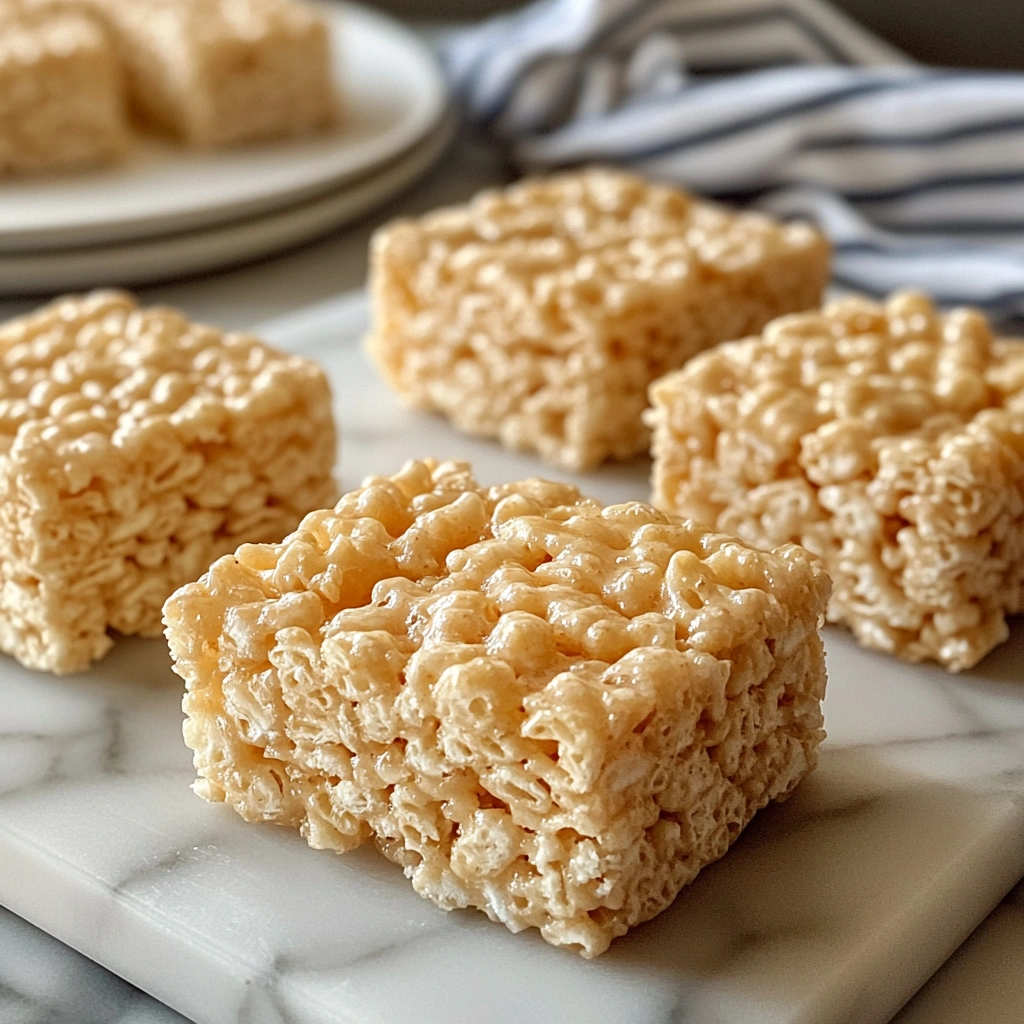 Crumbly Rice Krispie treats falling apart on a marble countertop.