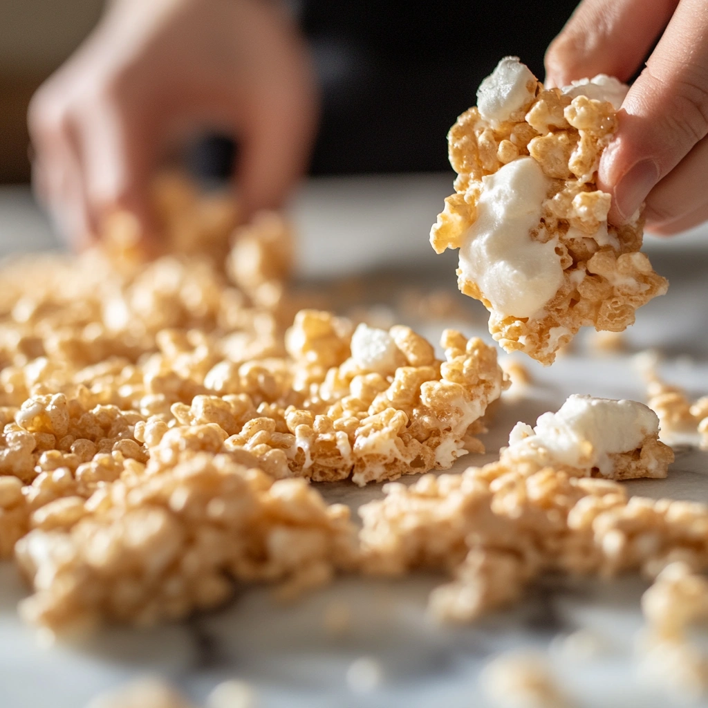 Rice Krispie treat breaking in a frustrated baker’s hand.
