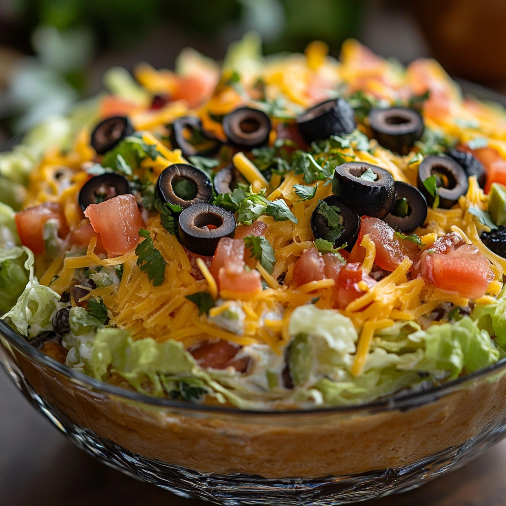 Appetizing taco dip with layers of seasoned cream cheese, fresh vegetables, and cheese.