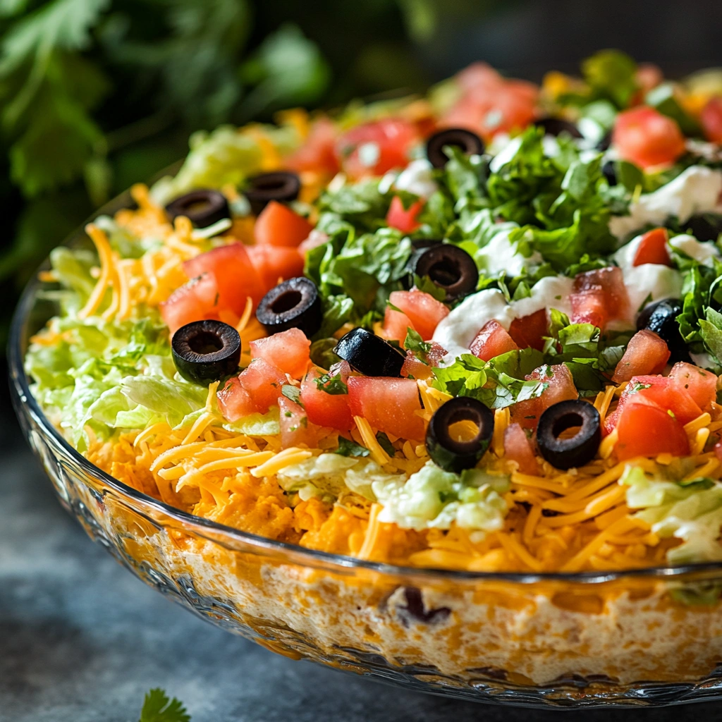 Glass platter holding a vibrant taco dip covered with lettuce, tomatoes, cheese, and olives.