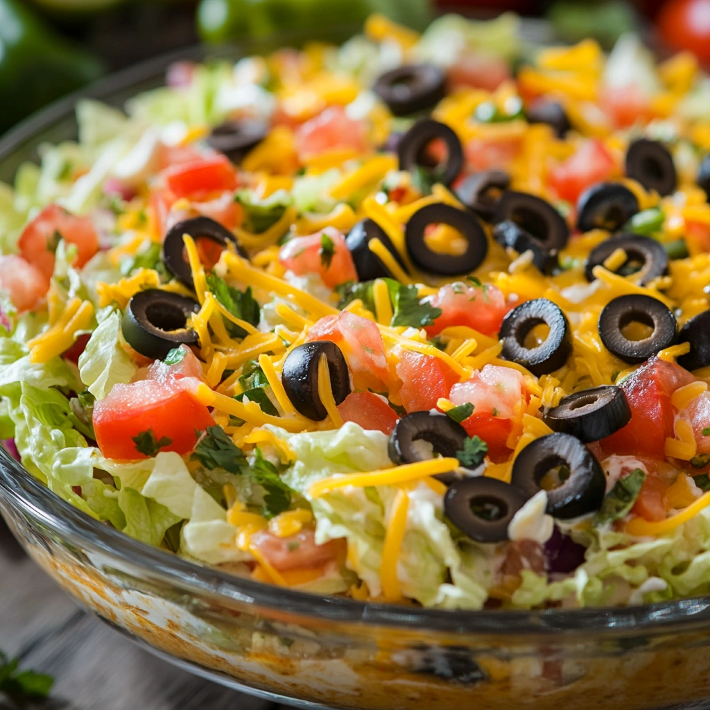 Layered taco dip topped with lettuce, tomatoes, cheese, and black olives on a glass platter.