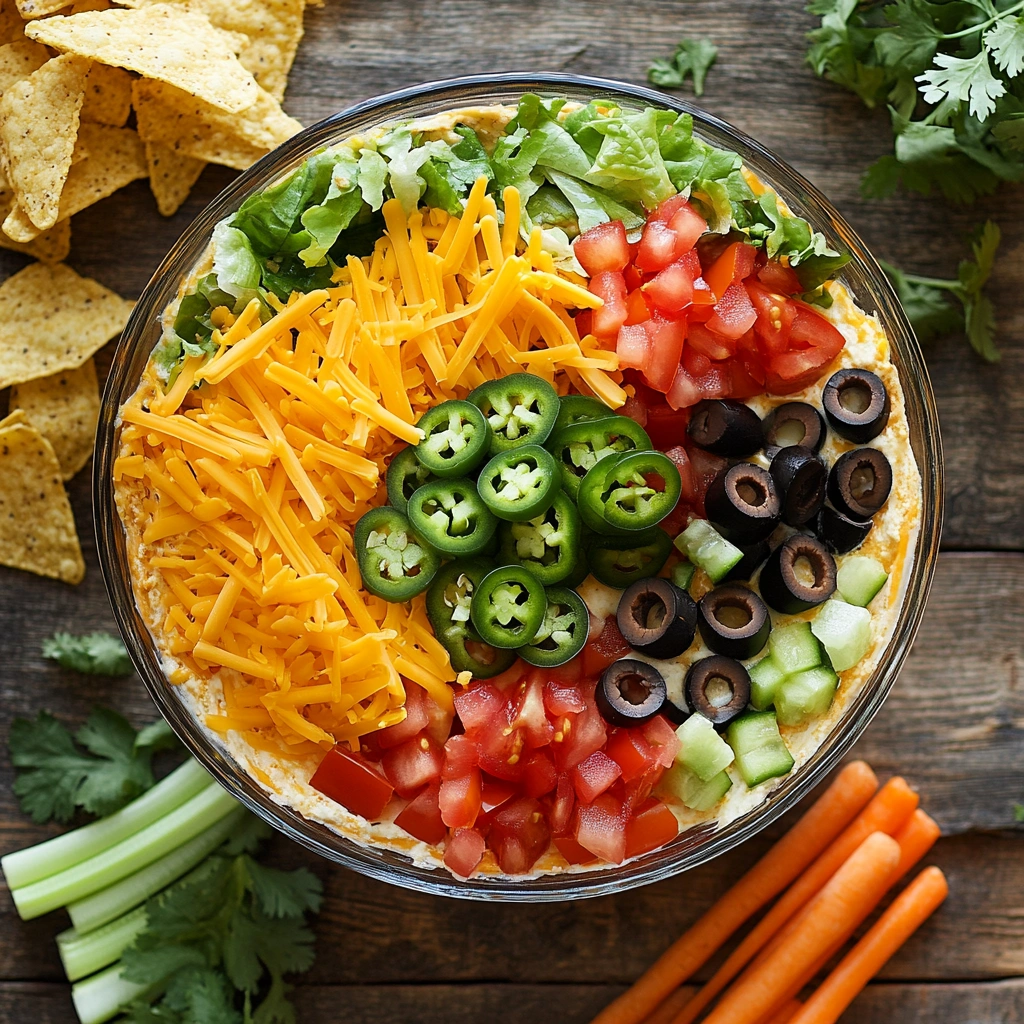 Close-up of taco dip with layers of cheese, lettuce, tomatoes, and black olives in a clear serving dish.