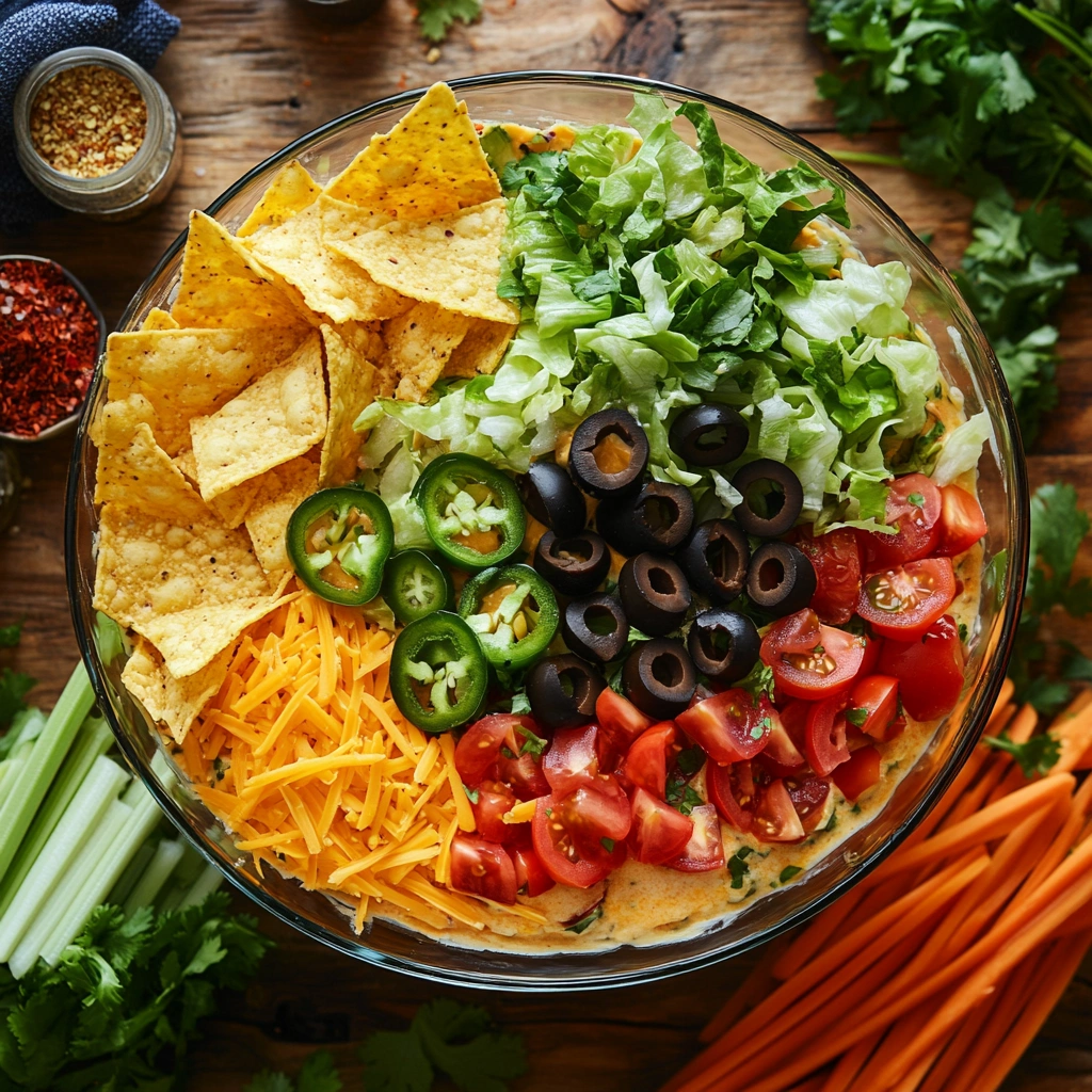 Top-down view of a layered taco dip with cheese, lettuce, tomatoes, olives, and jalapeños in a clear glass bowl, surrounded by tortilla chips.