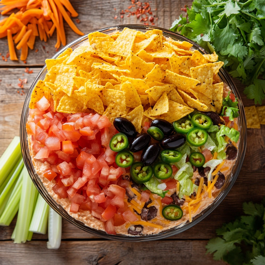 Festive taco dip in a glass bowl with tortilla chips and fresh vegetables for dipping.