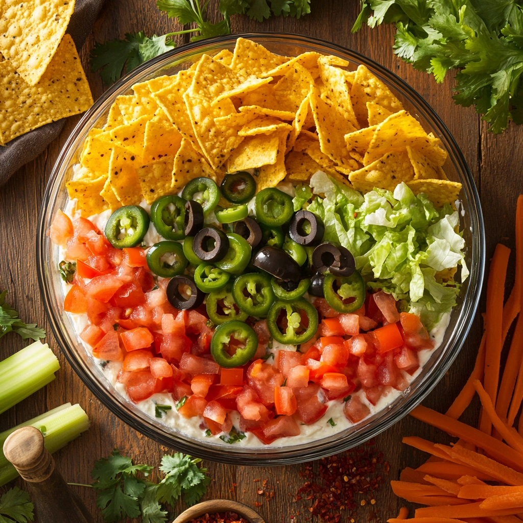 Layered taco dip with fresh toppings and colorful dippers on a wooden table.
