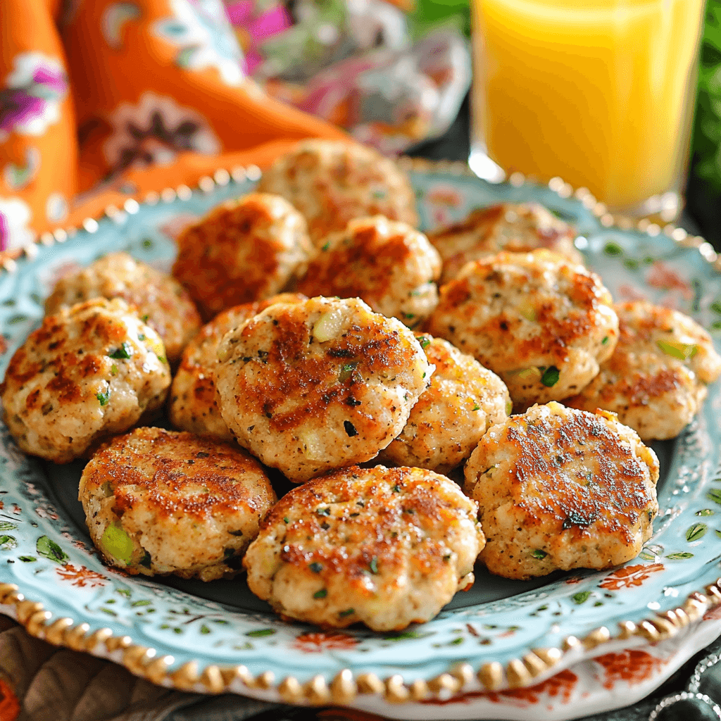 Golden-brown chicken apple sausage patties served on a decorative plate with fresh herbs and a side of apples.