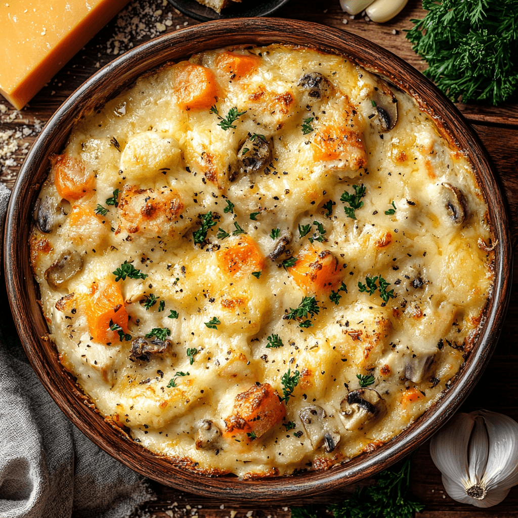 Golden chicken casserole bubbling with melted cheese and garnished with fresh parsley, surrounded by roasted vegetables and warm, rustic kitchen elements.