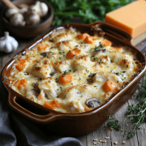Hearty chicken casserole with layers of cheese, roasted vegetables, and golden crust, served in a rustic baking dish with warm lighting