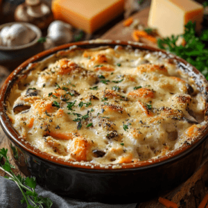 A creamy chicken casserole topped with a crispy breadcrumb crust, resting on a wooden table with fresh thyme and garlic nearby