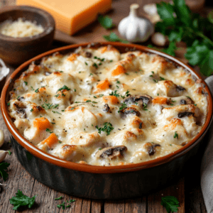 A close-up of a creamy chicken casserole featuring bubbling cheese, tender chicken, and vibrant vegetables, with fresh herbs sprinkled on top.