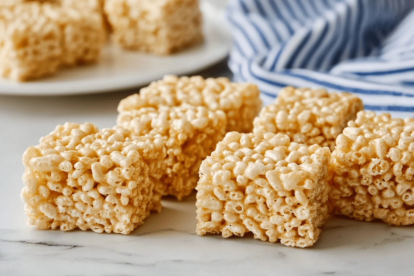 Golden rice crispy treats arranged on a marble surface with a striped blue napkin in the background.