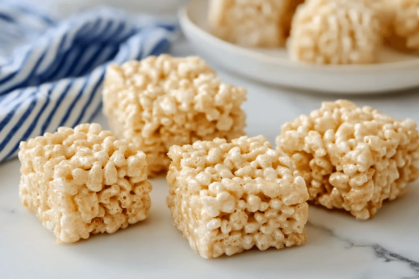 A close-up view of square-shaped rice crispy treats placed on a white marble surface, with a blue-striped cloth in the background.